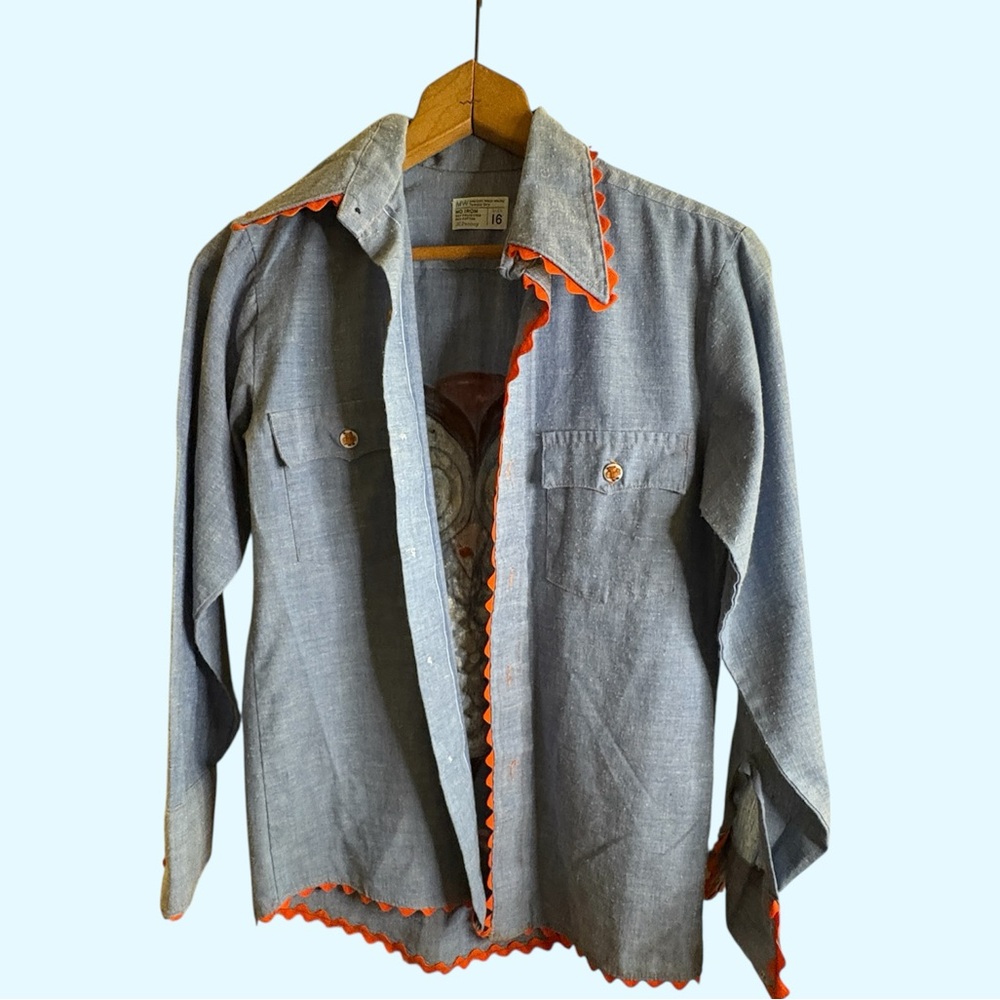 Vintage JC Penney Chambray Denim Owl Shirt Sz 16 Novelty Buttons Ric Rac Trim - Picture 2 of 7